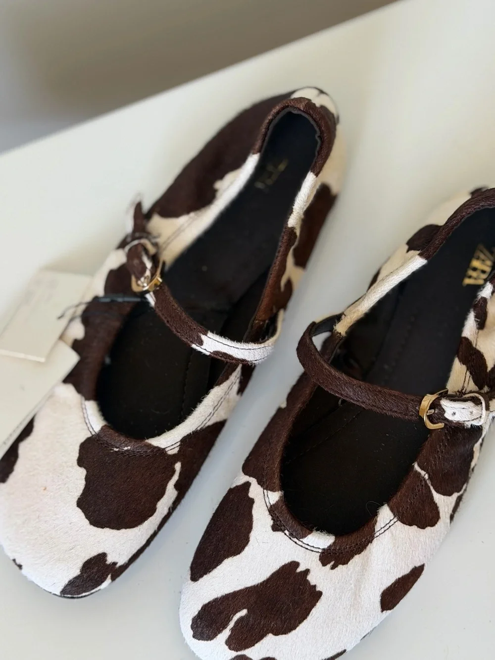 Zara Cow Print Genuine Leather Hair-On Mary Jane Flats NWT Size 36 US 6